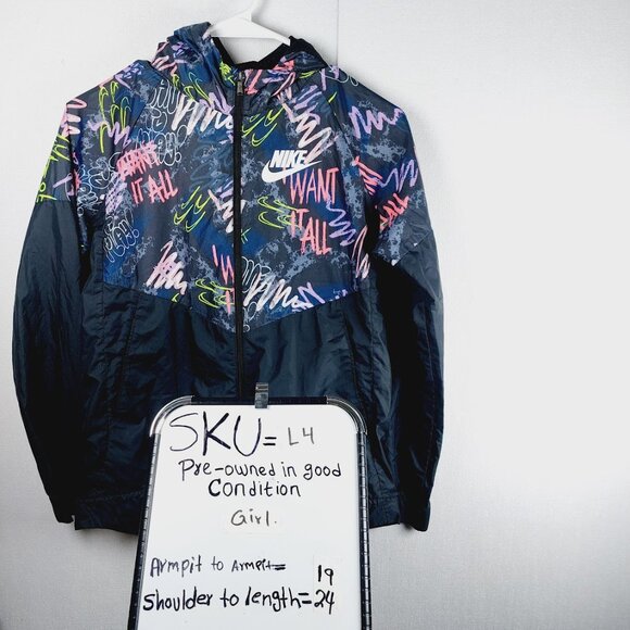 Nike Girl's Black Sportswear Abstract Print Long Sleeve Windrunner Jacket Size L - Picture 11 of 11
